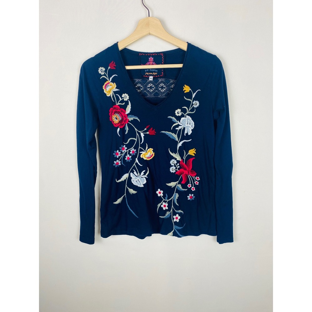 JW Los Angeles Johnny Was Navy Blue Embroidered Floral Lace V-Neck Top XS